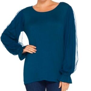 Du Jour Scoop-Neck Knit Top w/Mesh Sleeves Deep Ocean Blue Never Worn Sz Large
